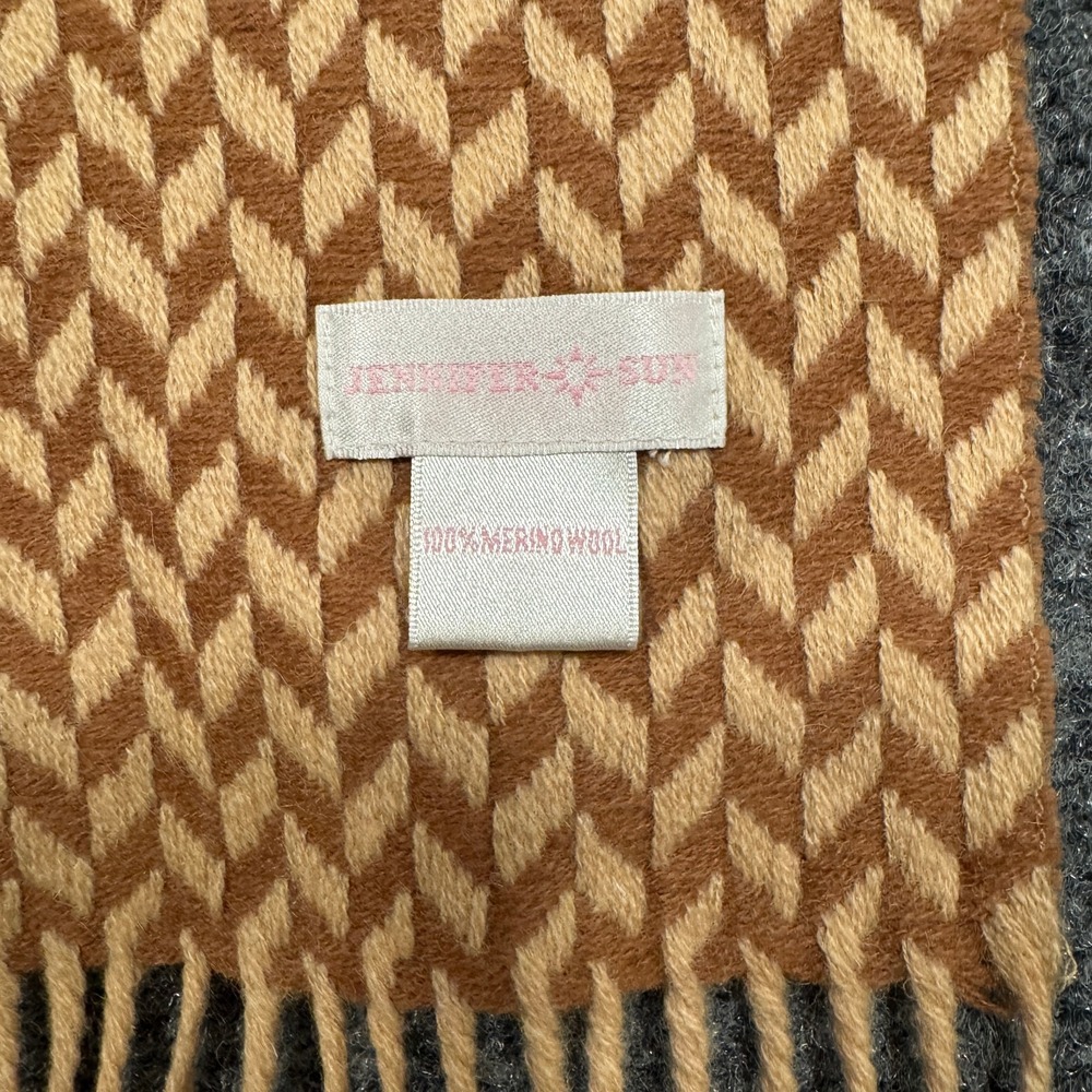 Jennifer Sun 100% Merino Wool Wrap Shawl Scarf Color Brown Camel Chevron 76 in - Picture 2 of 7